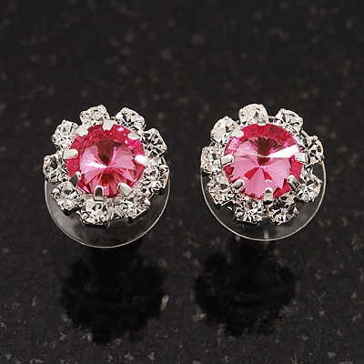 Small Pink Clear Diamante Stud Earrings In Silver Finish - 10mm Diameter