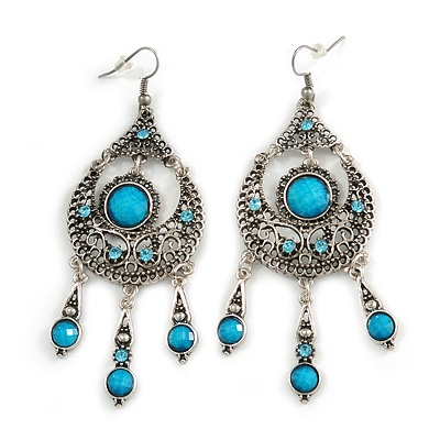 Burn Silver Blue Crystal Chandelier Earrings - 9cm Drop