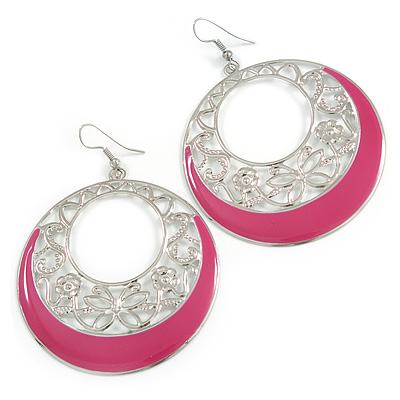 Silver Tone Pink Enamel Cut Out Hoop Earrings - 7.5cm Drop