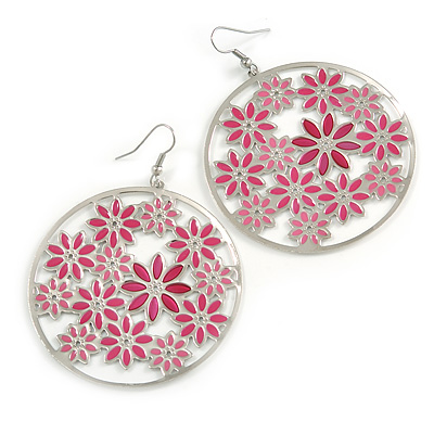 Silver Plated Pink Enamel Floral Hoop Earrings - 7.5cm Length