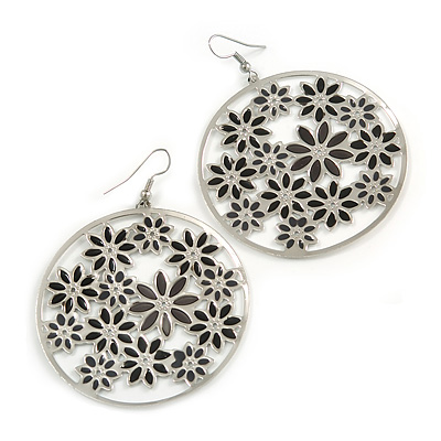Silver Plated Black Enamel Floral Hoop Earrings - 7.5cm Length