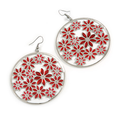 Silver Plated Red Enamel Floral Hoop Earrings - 7.5cm Length