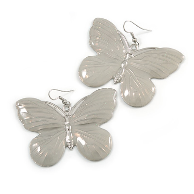 Large Light Grey Enamel 'Butterfly' Drop Earrings In Silver Finish - 5cm Length - main view