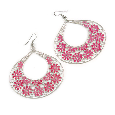 Large Teardrop Pink Enamel Floral Hoop Earrings In Silver Finish - 8cm Length