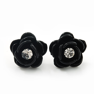 Small Black Enamel Diamante 'Rose' Stud Earrings In Silver Finish - 10mm Diameter