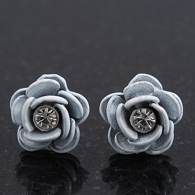 Small White Enamel Diamante 'Rose' Stud Earrings In Silver Finish - 10mm Diameter - main view