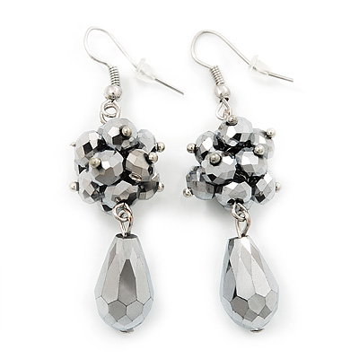 Metallic Silver Glass Beaded Drop Earrings In Silver Plating - 5.5cm Length