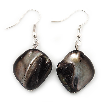 Black Shell Bead Drop Earrings (Silver Tone) - 4cm Length - main view