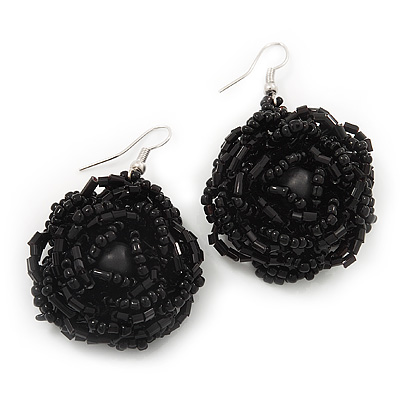 Black Glass Bead Dimensional 'Rose' Drop Earrings In Silver Finish - 4.5cm Drop