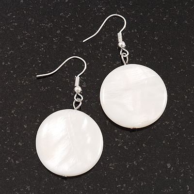 White Shell 'Coin' Drop Earrings In Silver Finish - 45mm Length