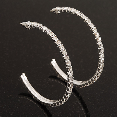 Slim Clear Diamante Hoop Earrings In Silver Plating - 5cm Diameter - main view
