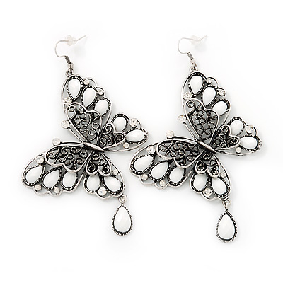 Long Burn Silver White Acrylic Bead 'Butterfly' Drop Earrings - 10cm Length