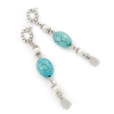 Long Turquoise Stone & Simulated Pearl Drop Earrings In Silver Plating - 7.5cm Length