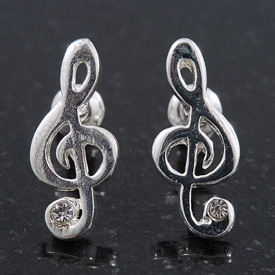 Small 'Treble Clef' Stud Earrings In Silver Tone Metal - 18mm Length