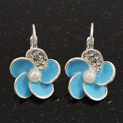 Small Light Blue Enamel Diamante 'Flower' Drop Earrings In Silver Finish - 2.5cm Length