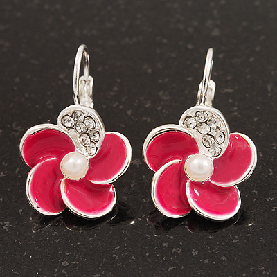 Small Deep Pink Enamel Diamante 'Flower' Drop Earrings In Silver Finish - 2.5cm Length - main view