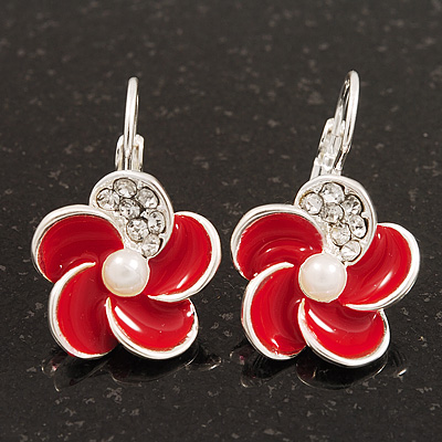 Small Red Enamel Diamante 'Flower' Drop Earrings In Silver Finish - 2.5cm Length