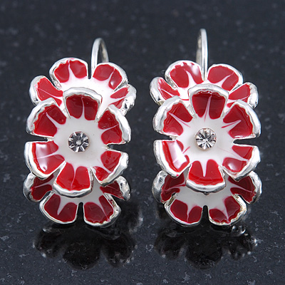 C-Shape White/ Red Enamel Floral Earrings In Silver Tone With Leverback Closure - 30mm L