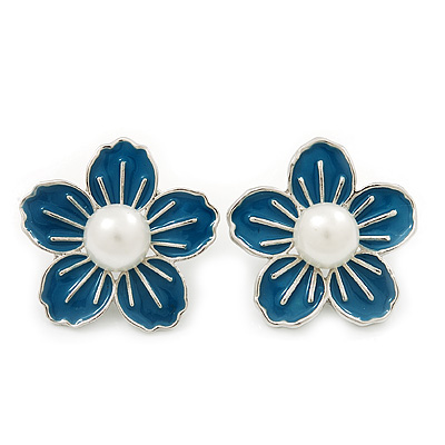 Sky Blue Enamel Faux Pearl 'Daisy' Stud Earrings In Silver Plating - 3cm Diameter