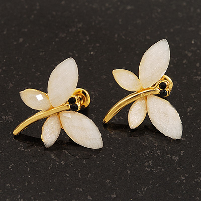 Small Light Cream Acrylic 'Butterfly' Stud Earrings In Gold Finish - 20mm Length