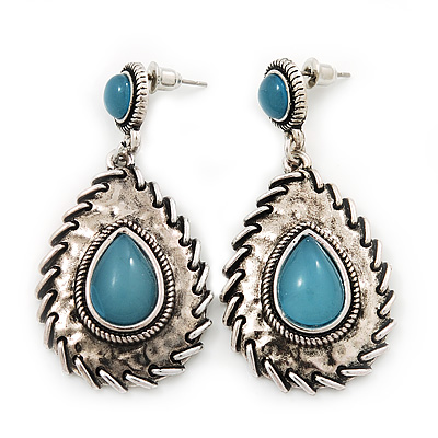 Burn Silver Teardrop Turquoise Coloured Acrylic Bead Drop Earrings - 5cm Length
