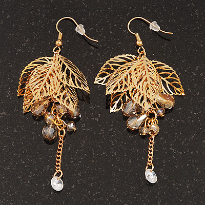 Gold Plated Leaves & Crystals Dangle Earrings - 8cm Length