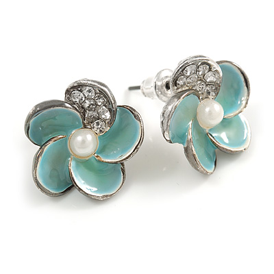 Small Light Blue Enamel Diamante 'Flower' Stud Earrings In Silver Finish - 15mm Diameter - main view