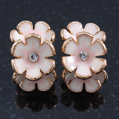 C-Shape White/ Light Pink Enamel 'Floral' Stud Earrings In Gold Plating - 25mm Length