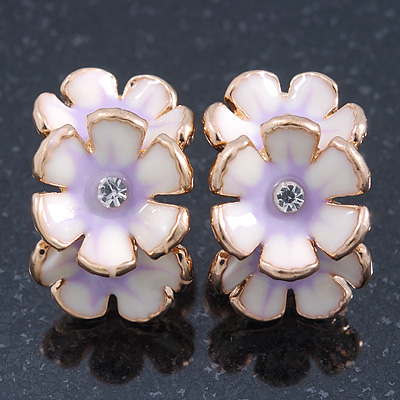 C-Shape White/ Lavender Enamel 'Floral' Stud Earrings In Gold Plating - 25mm Length