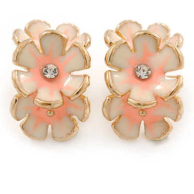 C-Shape Cream/ Pink Enamel 'Floral' Stud Earrings In Gold Tone - 25mm L
