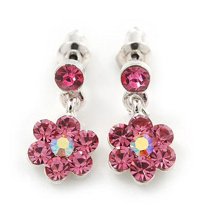 Delicate Pink Crystal Flower Drop Earrings In Silver Plating - 1.5cm Length