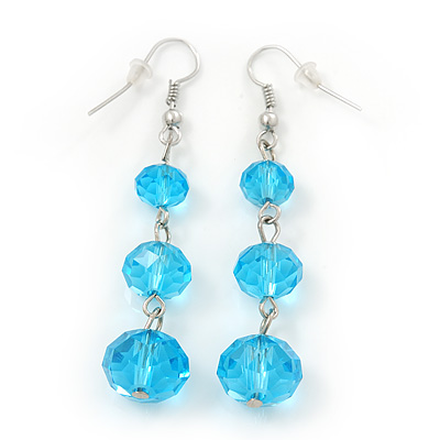 Light Blue Faceted Glass Bead Drop Earring In Silver Plating - 5.5cm Length
