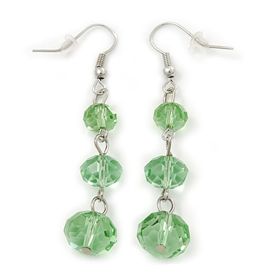 Light Green Faceted Glass Bead Drop Earring In Silver Plating - 5.5cm Length