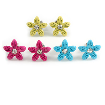 Set of 3 Children's Enamel Daisy Stud Earrings in Light Blue/ Magenta/ Yellow - 13mm Diameter
