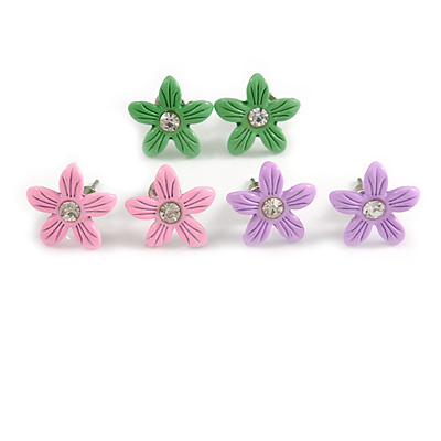 Set of 3 Children's Enamel Daisy Stud Earrings in Light Pink/ Lavender/ Green - 13mm D - main view