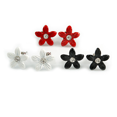 Set of 3 Children's Enamel Daisy Stud Earrings in Red/ Black/ White - 13mm D