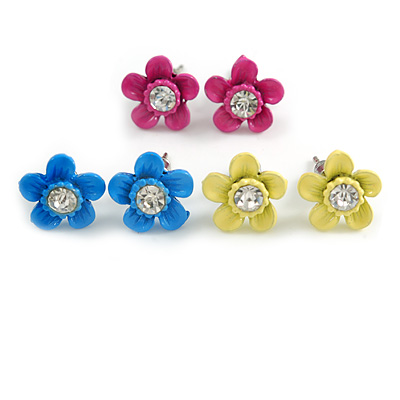 Set of 3 Children's Enamel Daisy Stud Earrings in Blue/ Fuchsia/ Yellow - 12mm D - main view