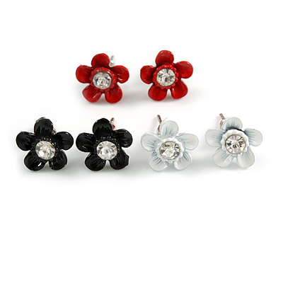 Set of 3 Children's Enamel Daisy Stud Earrings in Black/ Red/ White - 12mm D