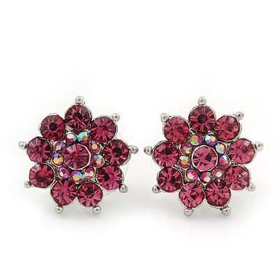 Pink Diamante Floral Stud Earrings In Silver Plating - 18mm Diameter
