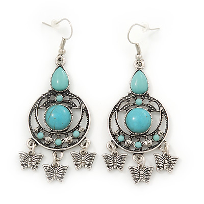 Burn Silver Turquoise Stone Butterfly Drop Earrings - 7cm Length - main view