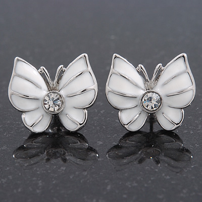 Small White Enamel Diamante Butterfly Stud Earrings In Silver Finish - 18mm Length