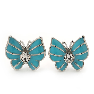 Small Light Blue Enamel Diamante Butterfly Stud Earrings In Silver Finish - 18mm Length