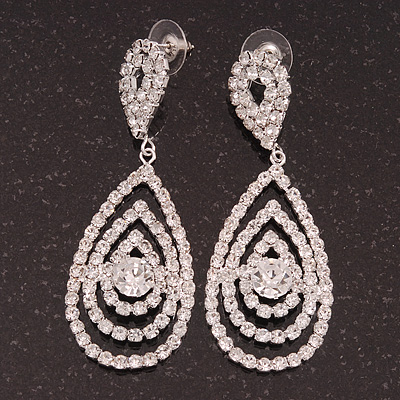 Silver Plated Clear Swarovski Crystal Teardrop Earrings - 7cm Length