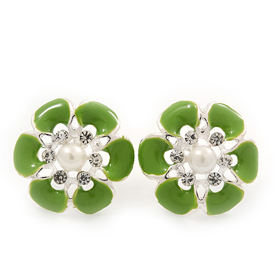 Light Green Enamel Diamante Flower Stud Earrings In Silver Finish - 22mm Diameter