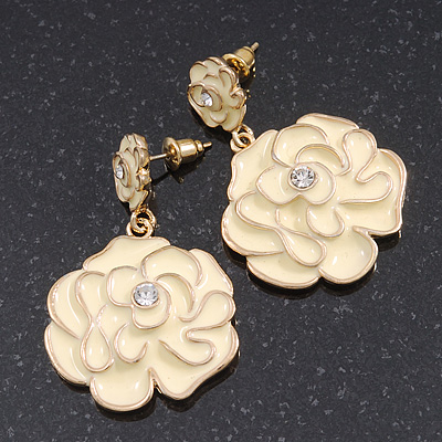 Lemon Enamel 'Rose' Drop Earrings In Gold Plating - 4cm Length