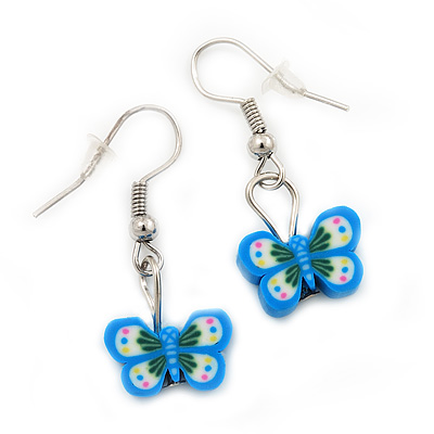 Children's Small Blue Acrylic 'Butterfly' Drop Earring In Silver Plating - 3cm Length