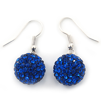 Sapphire Blue Coloured Swarovski Crystal Ball Drop Earrings In Silver Plated Finish - 12mm Diameter/ 3cm Length - main view
