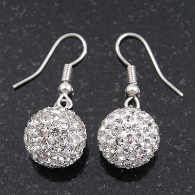Clear Swarovski Crystal Ball Drop Earrings In Silver Plated Finish - 12mm Diameter/ 3cm