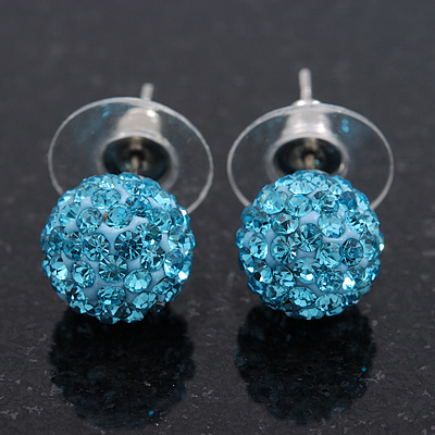 Light Blue Swarovski Crystal Ball Stud Earrings In Silver Plated Finish - 9mm Diameter