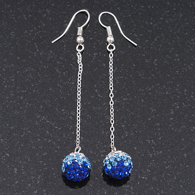 Sapphire Blue/ Clear Crystal Ball Chain Drop Earrings In Silver Plating - 10mm Diameter/ 6.5cm Length - main view